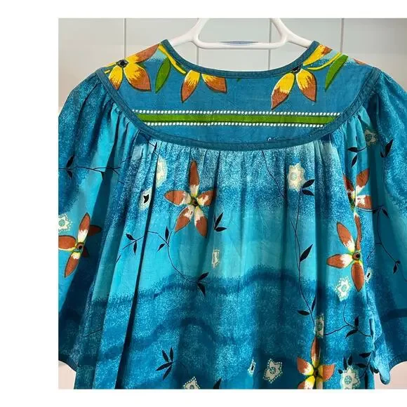 Vintage Boho Floral Caftan Dress Multicolor Cotton Short Sleeve XL w/Pockets - Picture 6 of 11
